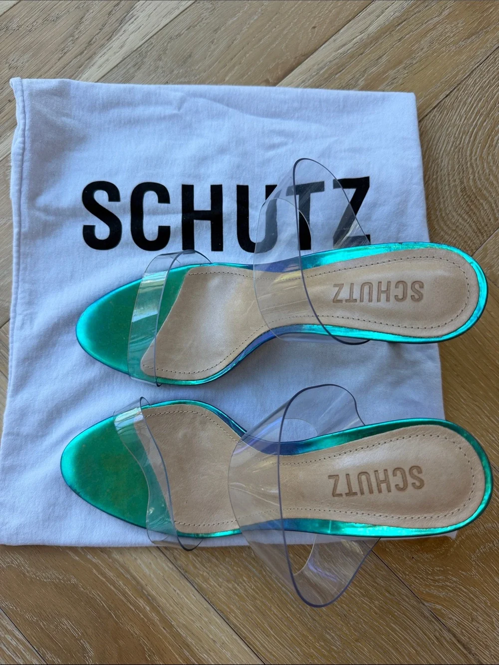 SCHUTZ Iridescent Teal Open-Toe Stiletto Heels with Clear Straps